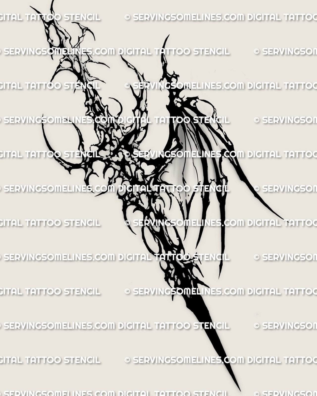 Cybersigilism winged dagger tattoo stencil design with a long pointed blade, asymmetrical wing detail, and dark cyber-organic structure