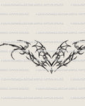 cyber tribal winged heart lineart stencil with subtle succubus details and flowing curved shapes for chest or lower back
