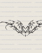 cyber tribal winged heart lineart stencil with subtle succubus details and flowing curved shapes for chest or lower back
