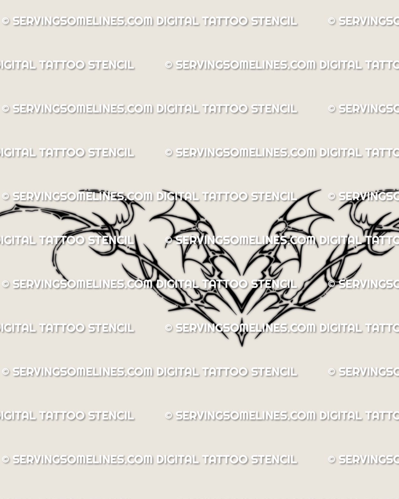 cyber tribal winged heart lineart stencil with subtle succubus details and flowing curved shapes for chest or lower back
