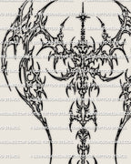 Close detail of a cybersigilism winged spine tattoo stencil with sharp neotribal linework and dark wing structure