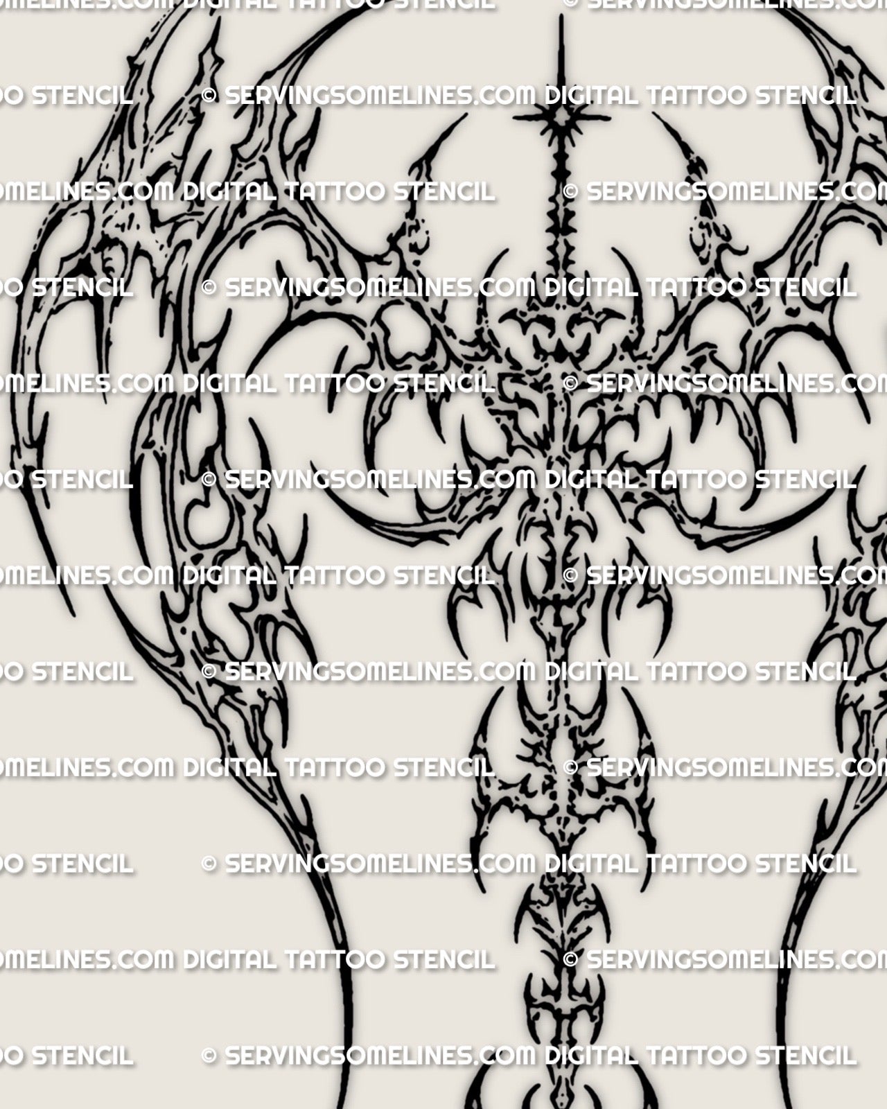 Close detail of a cybersigilism winged spine tattoo stencil with sharp neotribal linework and dark wing structure