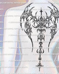 Cybersigilism winged spine tattoo stencil shown on spine back mockup with sharp upper-back wings and long vertical drop