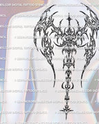 Cybersigilism winged spine tattoo stencil shown on spine back mockup with sharp upper-back wings and long vertical drop
