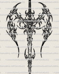 Cybersigilism winged sword tattoo stencil design, vertical blade emblem with printable PNG JPG PDF files for clean transfer.