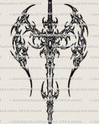 Cybersigilism winged sword tattoo stencil design, vertical blade emblem with printable PNG JPG PDF files for clean transfer.
