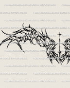Close detail of a cybersigilism wings lower back tattoo stencil showing sharp cyber wing forms and broken inner structure