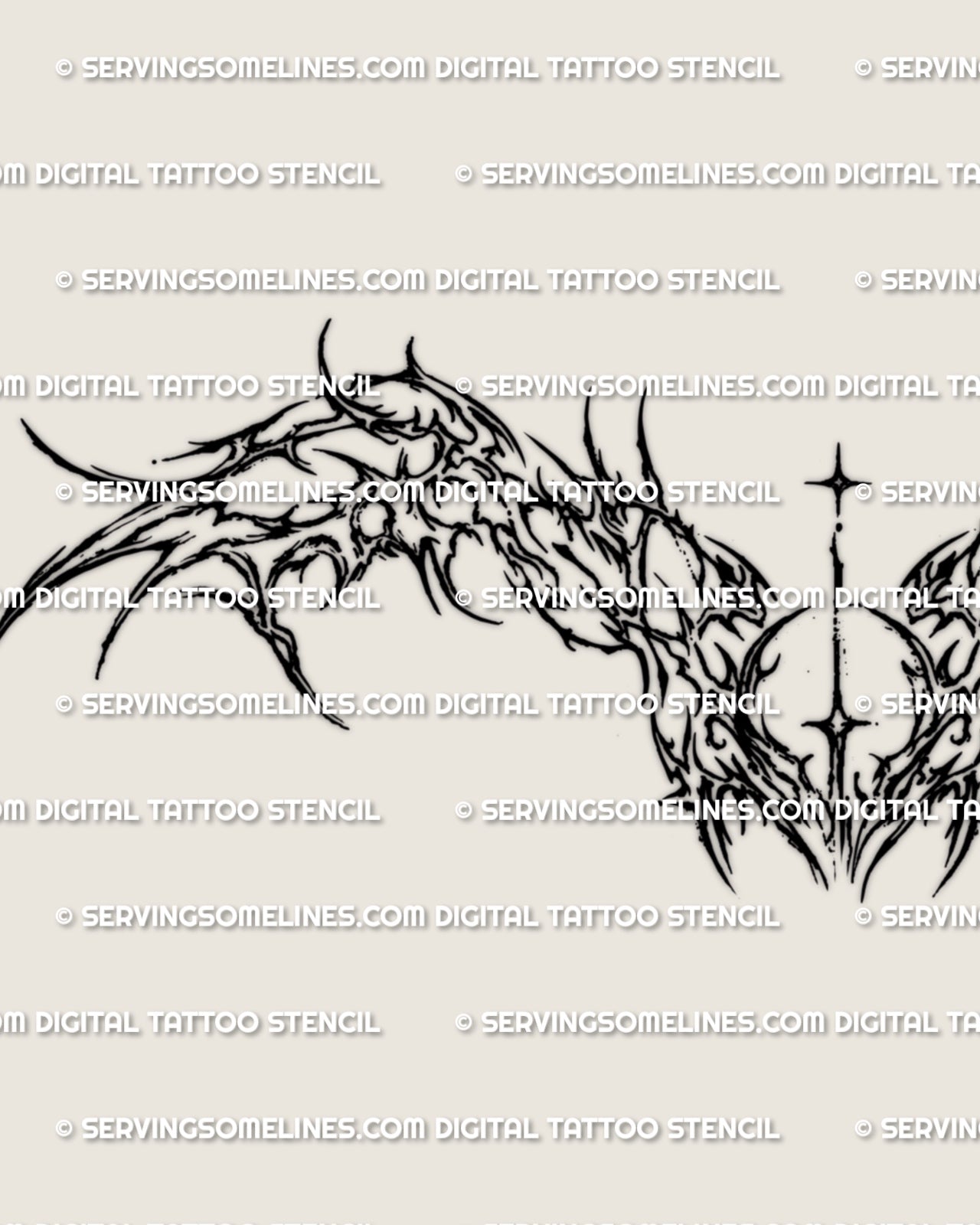 Close detail of a cybersigilism wings lower back tattoo stencil showing sharp cyber wing forms and broken inner structure