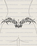 Women’s lower back preview of a cybersigilism wings tattoo stencil with a mirrored cyber spread across the waist