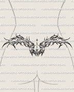 Women’s lower back preview of a cybersigilism wings tattoo stencil with a mirrored cyber spread across the waist