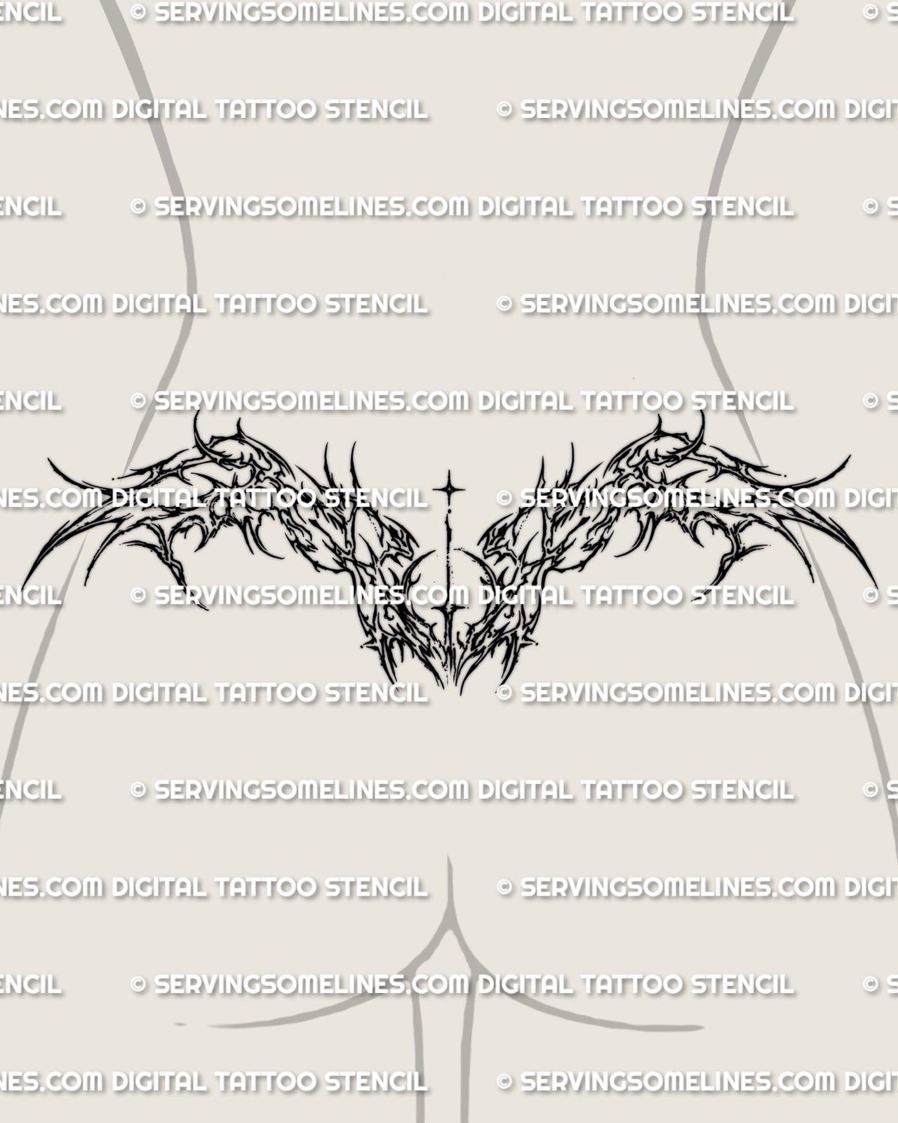 Women’s lower back preview of a cybersigilism wings tattoo stencil with a mirrored cyber spread across the waist
