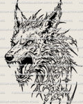 Cybersigilism wolf tattoo stencil design, snarling wolf head prepared as a printable tattoo download file.