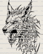 Cybersigilism wolf tattoo stencil design, snarling wolf head prepared as a printable tattoo download file.