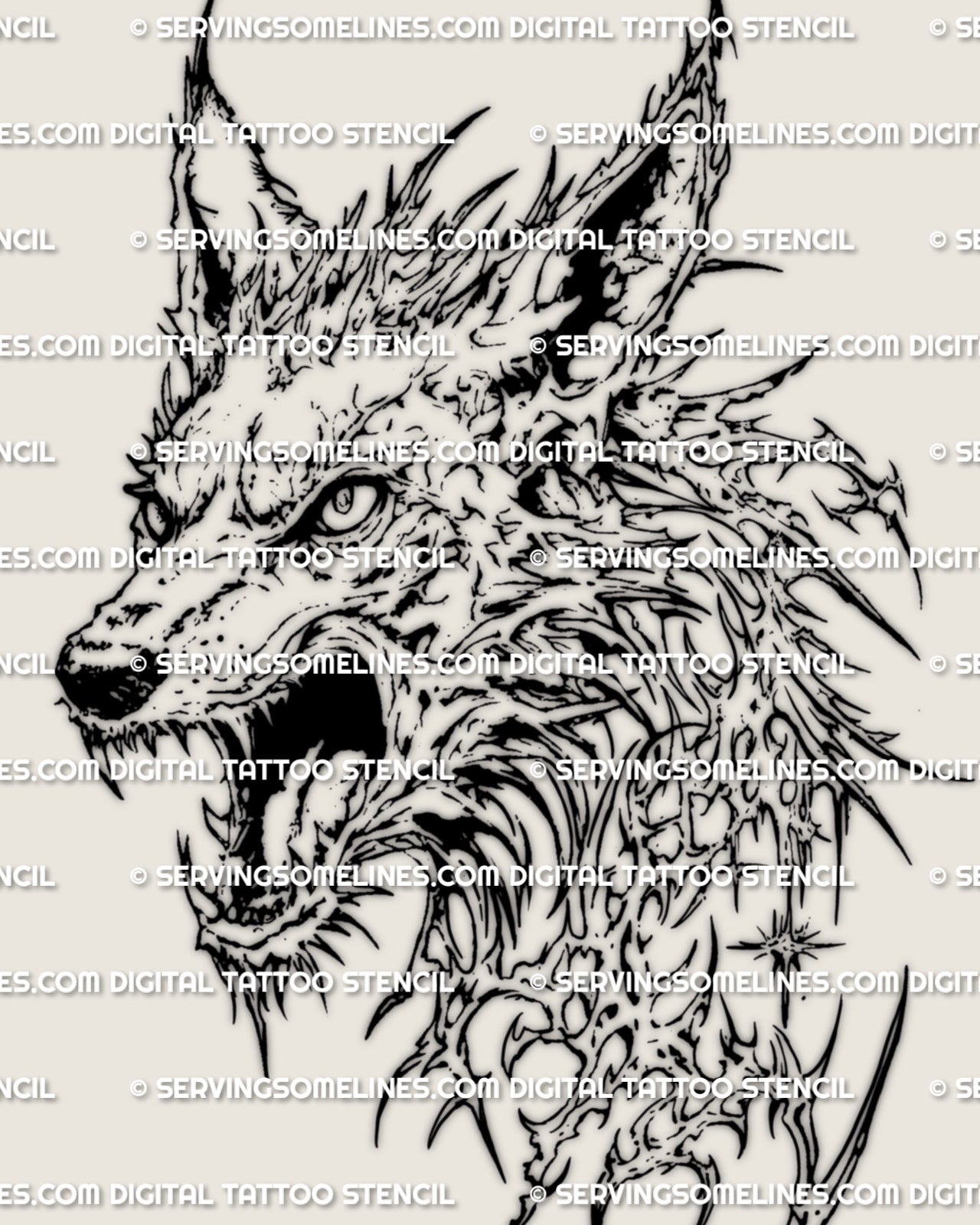 Cybersigilism wolf tattoo stencil design, snarling wolf head prepared as a printable tattoo download file.