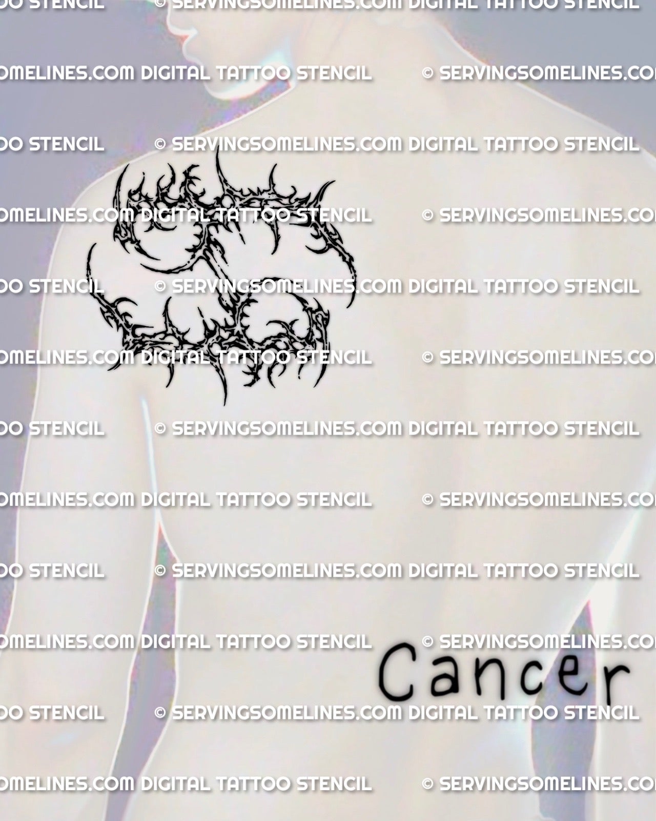 Cybersigilism zodiac Cancer stencil shown on back of shoulder placement, download files