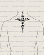 Cybersigilism cross tattoo flash placed on male neck, gothic crucifix with spiky ornamental blackwork symmetry.