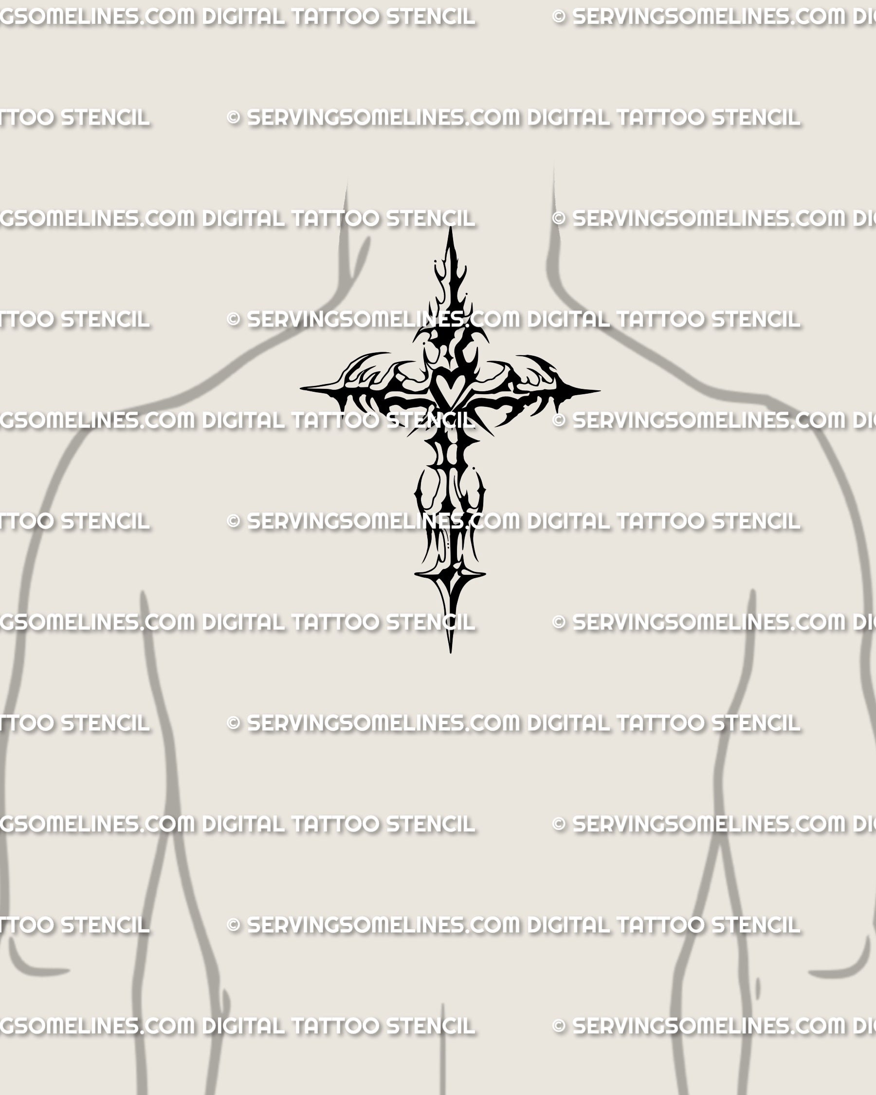 Cybersigilism cross tattoo flash placed on male neck, gothic crucifix with spiky ornamental blackwork symmetry.