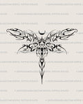 Abstract cybersigilism dragonfly tattoo stencil in gothic ornamental style, a unique neo tribal cyber insect design for digital download.