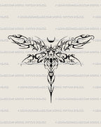 Abstract cybersigilism dragonfly tattoo design in ornamental gothic style, a unique digital stencil flash with neo tribal and cyber tribal insect detail.