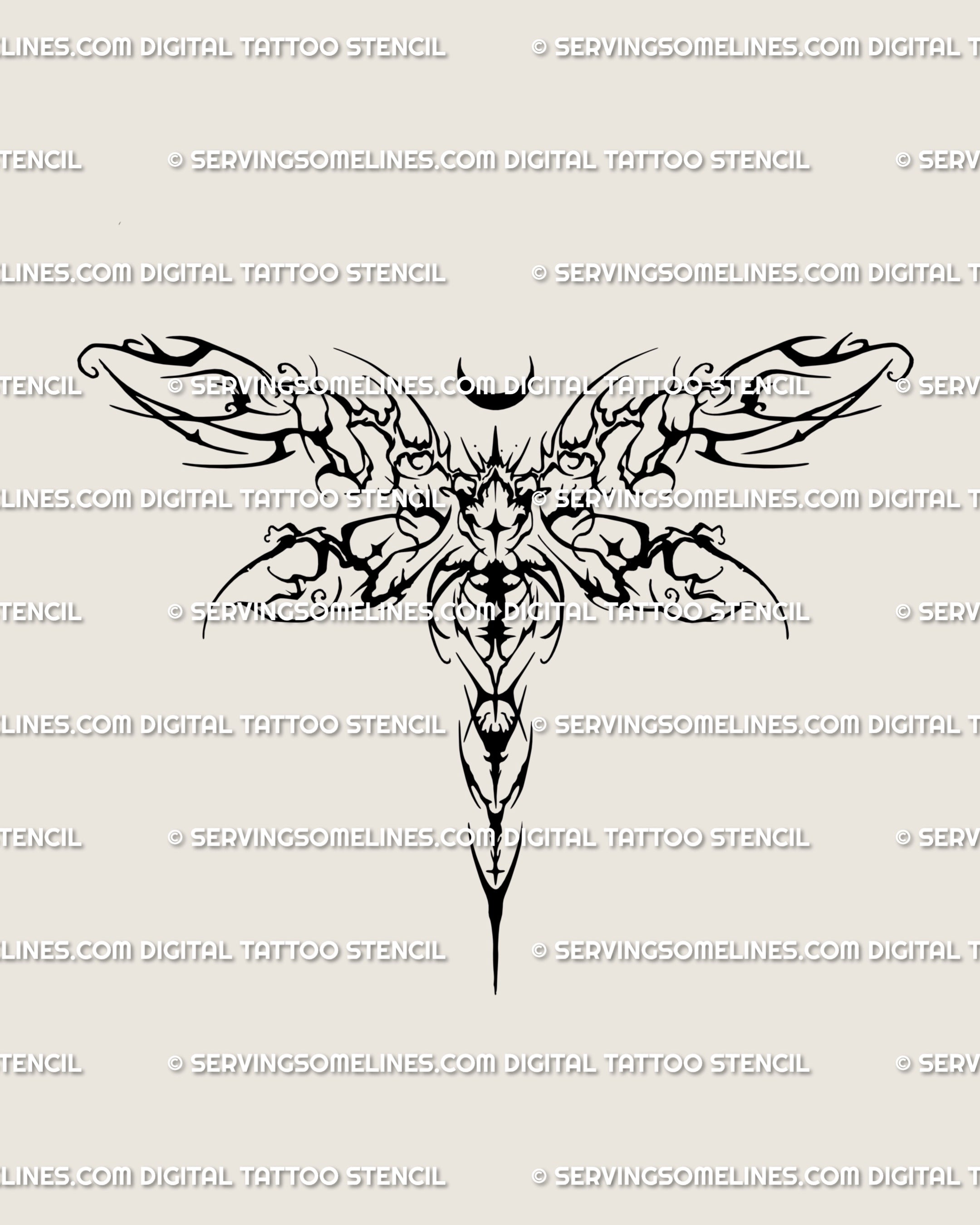 Abstract cybersigilism dragonfly tattoo design in ornamental gothic style, a unique digital stencil flash with neo tribal and cyber tribal insect detail.