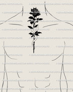 Cybersigilism floral tattoo design centered on male chest, serpent-rose geometry showing discipline, balance, and strength.