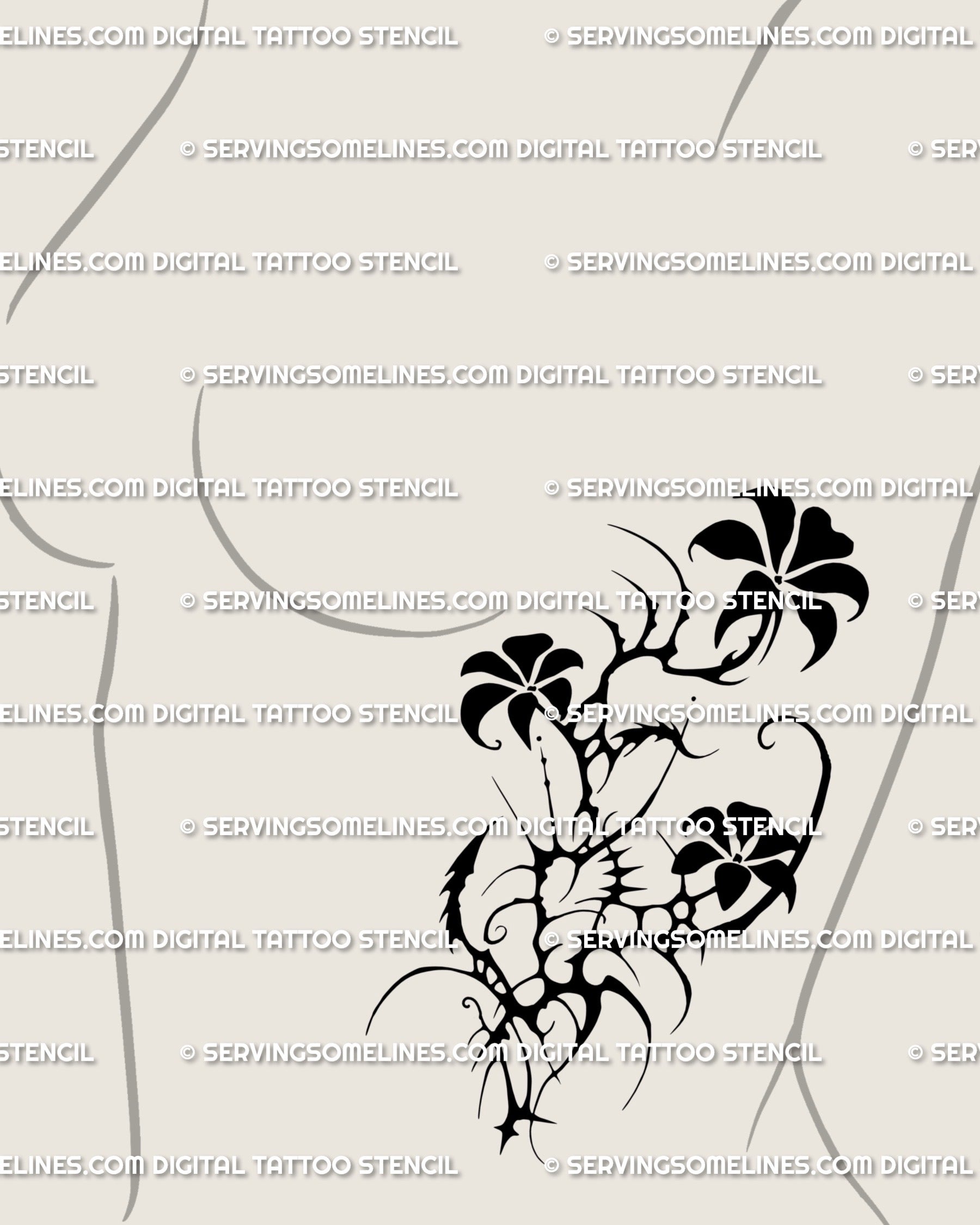 Dark cybersigilism flower tattoo idea for side breast or ribs, feminine but edgy neotribal floral linework with spiky details and alt-goth vibe.