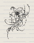 Cybersigilism flower tattoo stencil in neogothic linework, sharp ornamental bloom drawn as alternative floral flash.