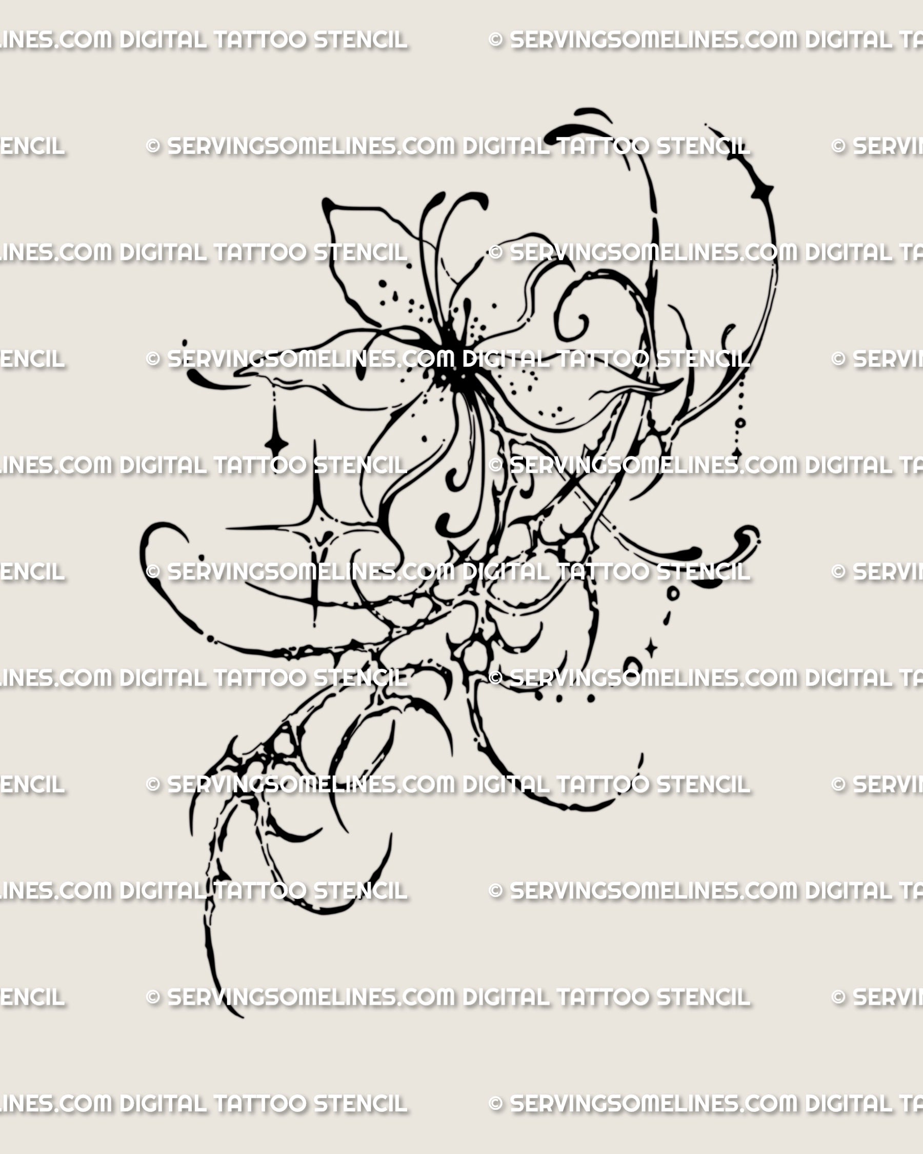 Cybersigilism flower tattoo stencil in neogothic linework, sharp ornamental bloom drawn as alternative gothic floral flash.