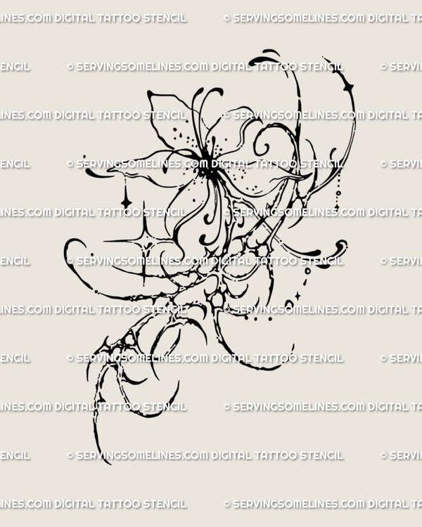 Cybersigilism flower tattoo stencil in neogothic linework, sharp ornamental bloom drawn as alternative gothic floral flash.