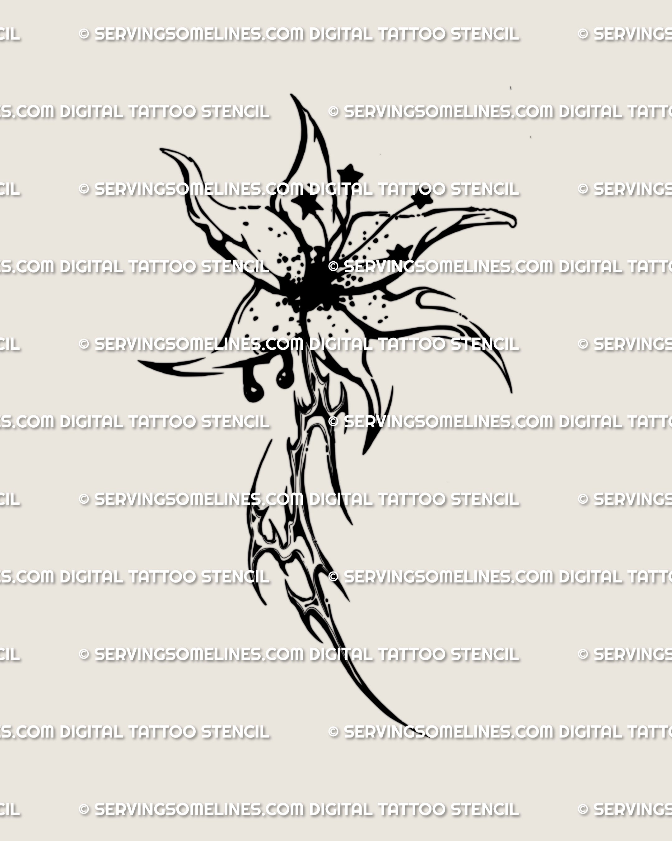 Cybersigilism flower tattoo stencil of a gothic lily with pierced petal, drawn in neotribal emo style as alternative floral tattoo flash, digital download.