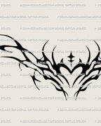 Cybersigilism heart tattoo digital download—close-up of spiky heart with flame-like tribal arcs; precise linework optimized for stencil transfer.