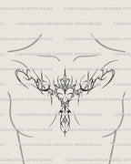 Feminine cybersigilism heart tattoo stencil placed on chest, an ornamental neotribal sacred heart design with elegant gothic symmetry.