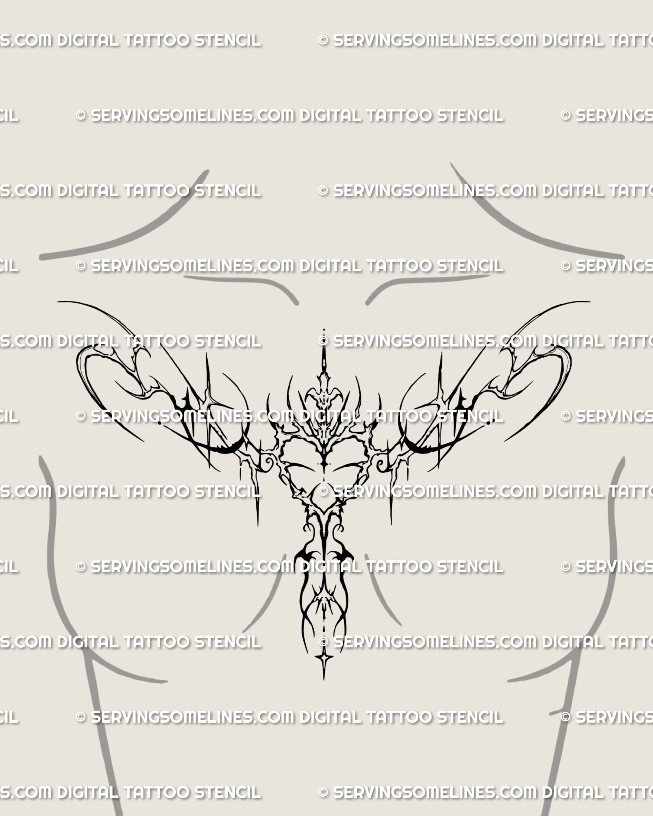 Feminine cybersigilism heart tattoo stencil placed on chest, an ornamental neotribal sacred heart design with elegant gothic symmetry.