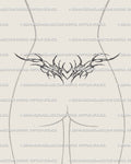Lower back tattoo design in cybersigilism style, sharp ornamental heart stencil with symmetrical spikes and elegant linework.