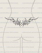 Lower back tattoo design in cybersigilism style, sharp ornamental heart stencil with symmetrical spikes and elegant linework.