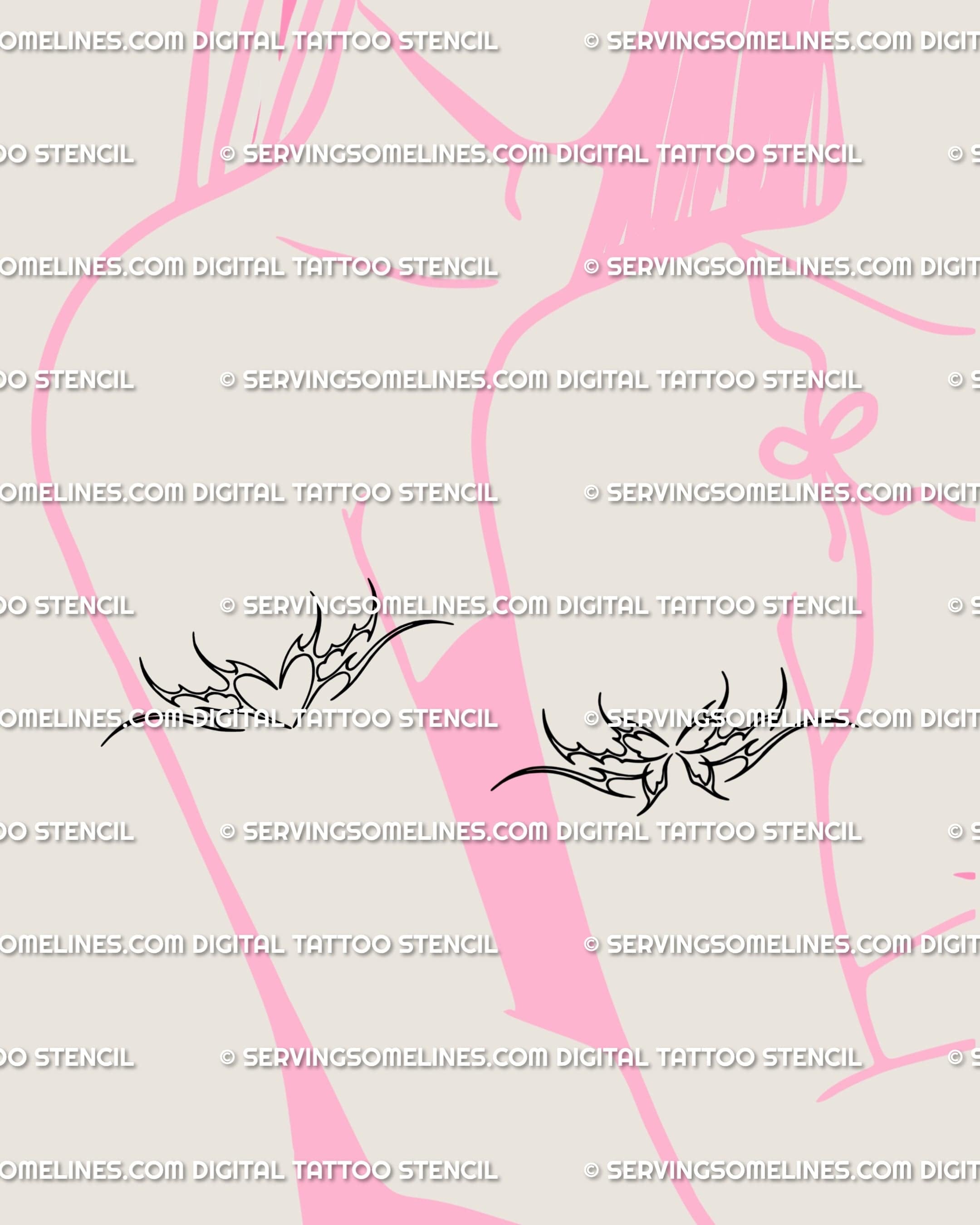 Matching neotribal heart and butterfly tattoos placed on upper arms, small cybersigilism designs with gothic cyber tribal linework.