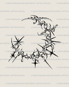 Cybersigilism moon tattoo design with gothic crescent and stars, a celestial lunar tattoo stencil mixing witchy and futuristic energy.