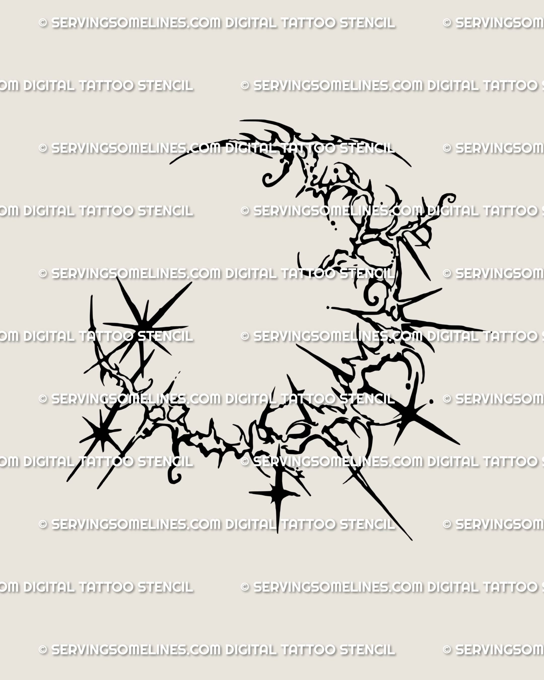 Cybersigilism moon tattoo design with gothic crescent and stars, a celestial lunar tattoo stencil mixing witchy and futuristic energy.