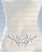Cyber neotribal womb tattoo design placed on the stomach, a symmetrical cybersigilism stencil for feminine and gothic body art.