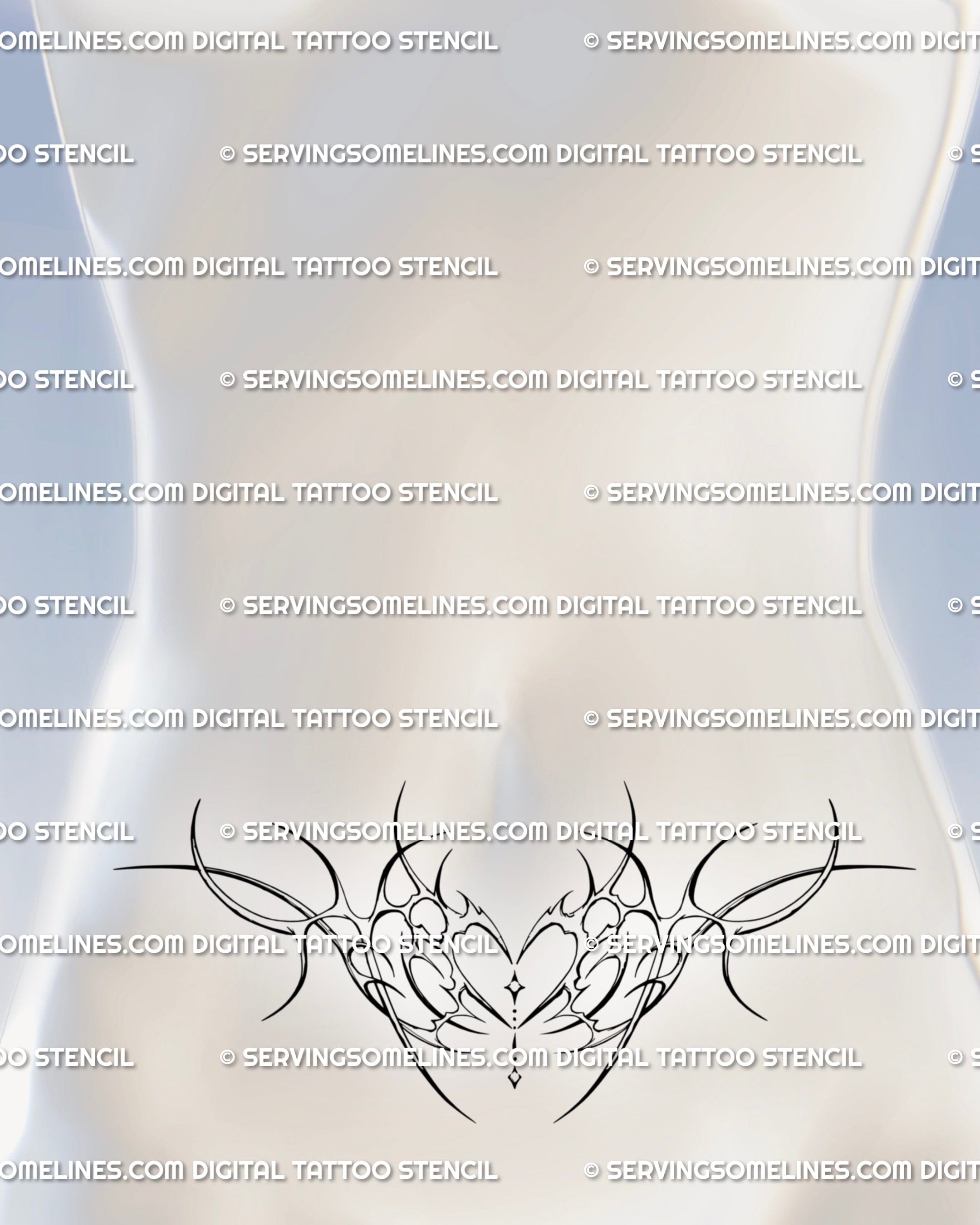 Cyber neotribal womb tattoo design placed on the stomach, a symmetrical cybersigilism stencil for feminine and gothic body art.