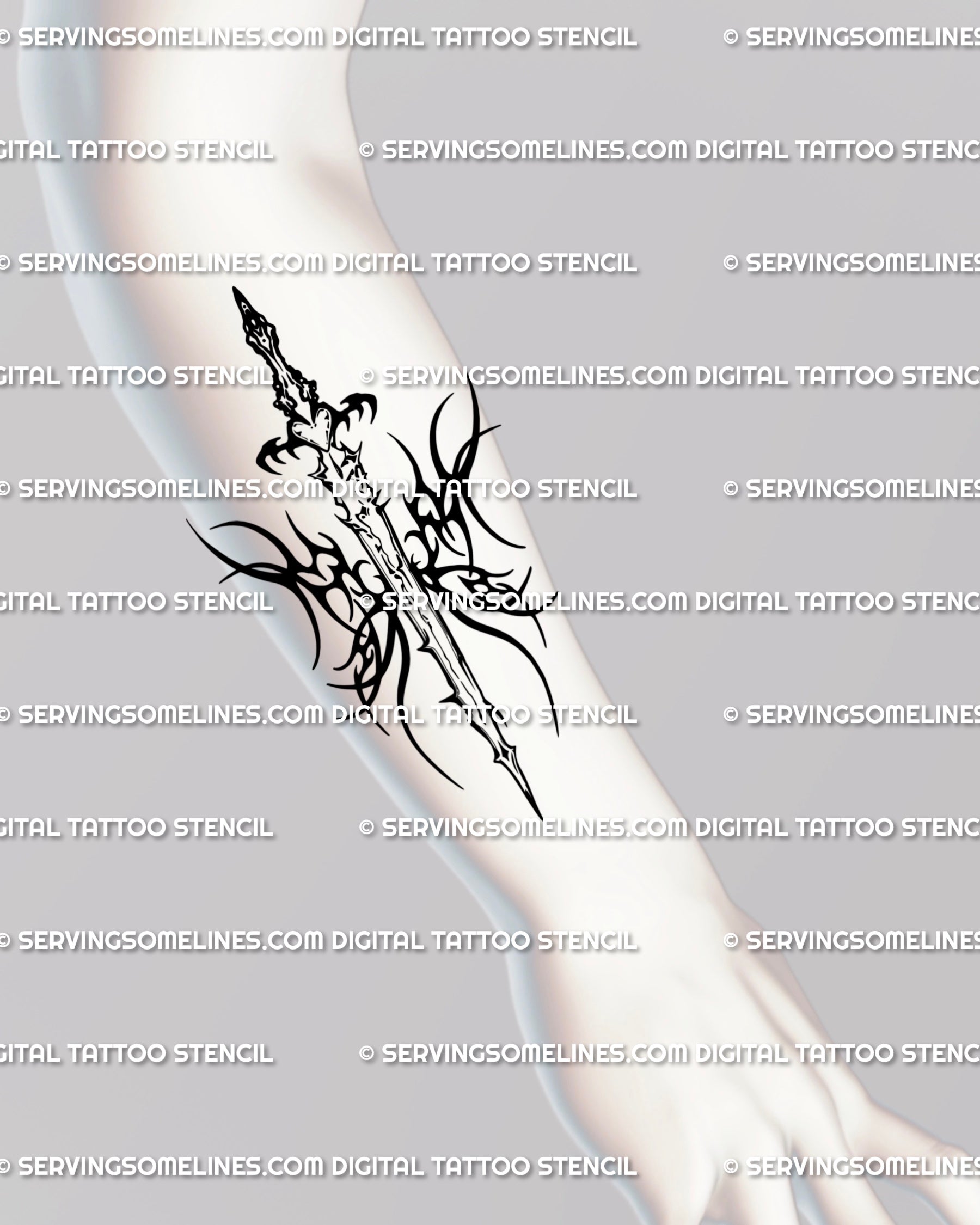 Cybersigilism sword tattoo art placed on the forearm, flaming tribal wings and guarded heart, sharp neotribal lines, readable stencil.