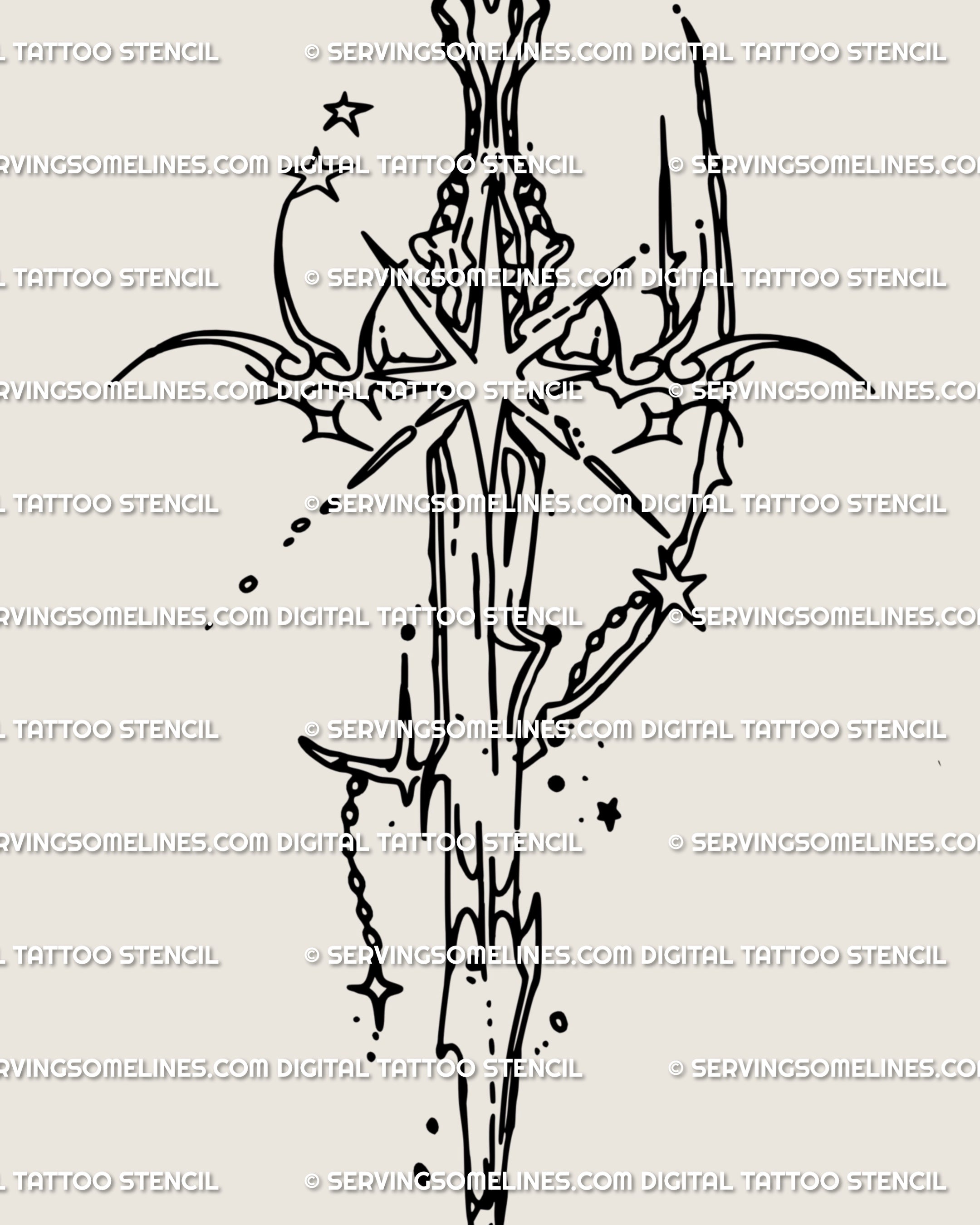 Celestial cybersigilism sword tattoo stencil with gothic tribal lines and star details, hand-drawn digital design for alternative tattoo ideas.