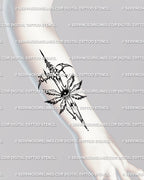 Forearm view of cybersigilism sword tattoo design with angelcore wings, spiritual protection symbol drawn in gothic cybertribal line art.