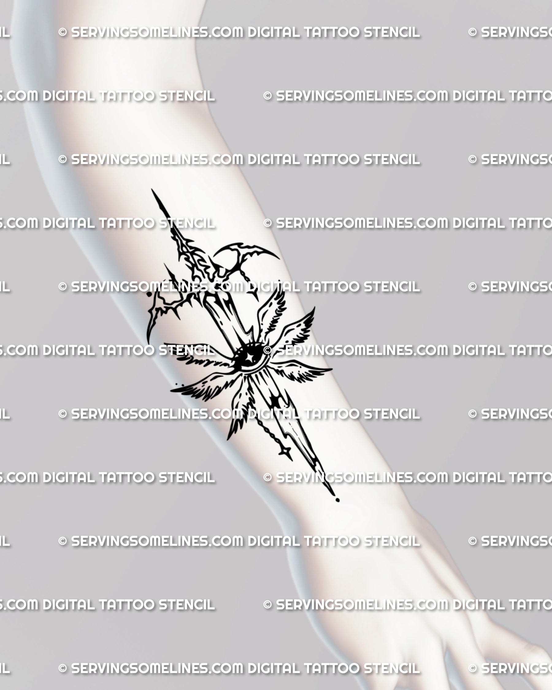 Forearm view of cybersigilism sword tattoo design with angelcore wings, spiritual protection symbol drawn in gothic cybertribal line art.