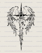 Cyber-tribal angel wings sword tattoo stencil, sacred-heart spine tattoo design in clean blackwork line art for download.