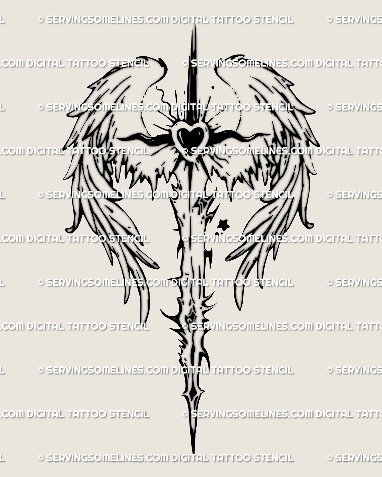 Cyber-tribal angel wings sword tattoo stencil, sacred-heart spine tattoo design in clean blackwork line art for download.