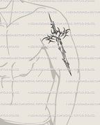 Men’s arm dagger cross tattoo design, bold neotribal cybersigilism lines forming a symbolic sword and cross pattern.