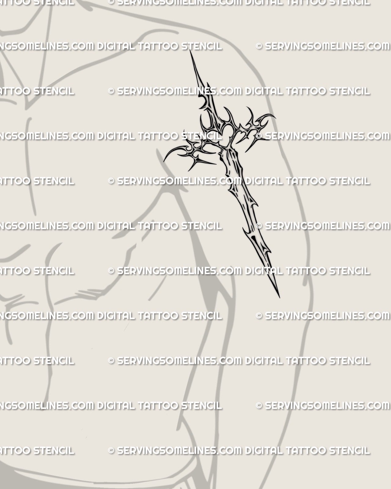 Men’s arm dagger cross tattoo design, bold neotribal cybersigilism lines forming a symbolic sword and cross pattern.