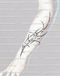 Cybertribal forearm tattoo stencil in cybersigilism style with spiky flowing linework wrapping around the arm for a bold minimal look.