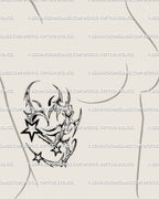 Cybertribal heart tattoo with Y2K stars placed on woman’s side ribs, chrome heart linework with gothic and feminine flow. 